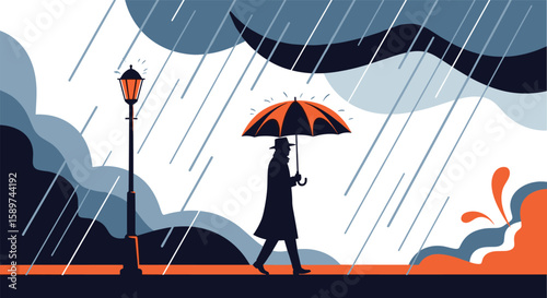 A solitary figure with an umbrella navigates a stormy city street under a lamp post with rain falling