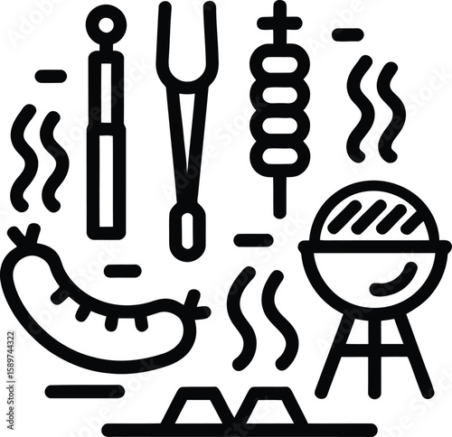 Barbecue grill party icons featuring sausage skewers and tongs