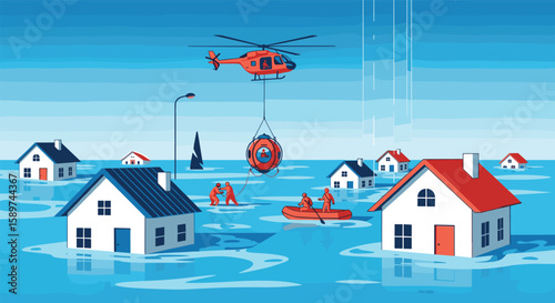 Helicopter and boat rescue operations in a flooded town saving people from homes during a natural disaster emergency situation