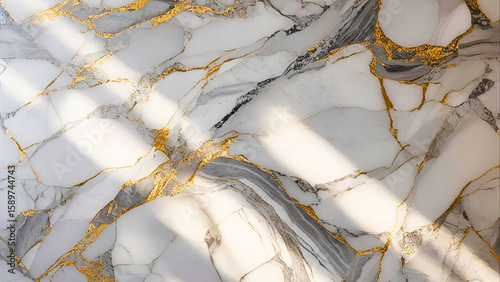 Captivating golden veins accentuate the swirling grays and pristine whites of this beautiful marble surface.