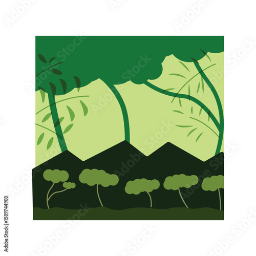 Rain Forest Illustration with Lush Green Mountain and Tree