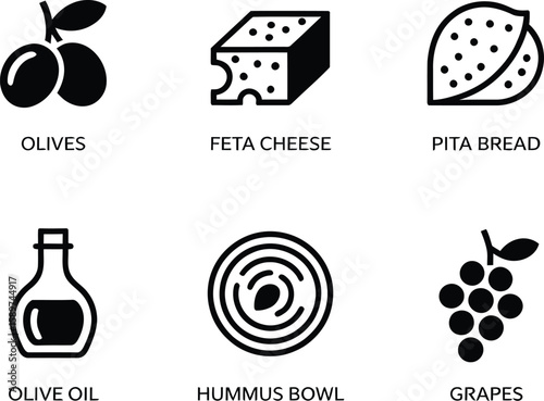 Collection of six black and white icons representing food items