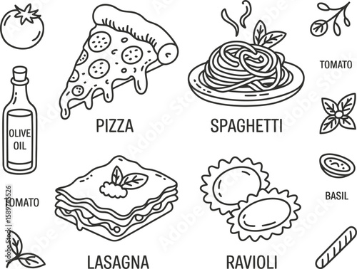 Italian food icons featuring pizza spaghetti lasagna ravioli and ingredients