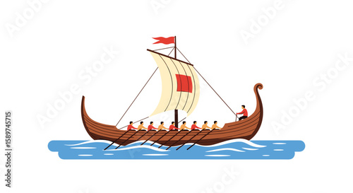 A detailed illustration of a historic viking longship sailing on the open sea under a bright sky