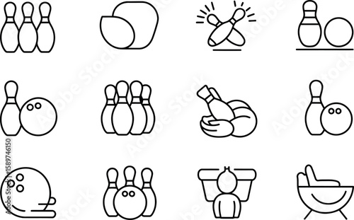 Vector Bowling Pins and Ball Icons: Minimalist Line Art Set