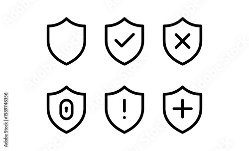 Minimalist shield icons with security concepts in line art style