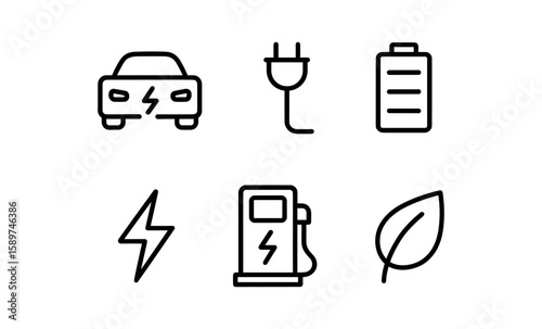 Eco-friendly icons: electric car, renewable energy, and sustainability symbols