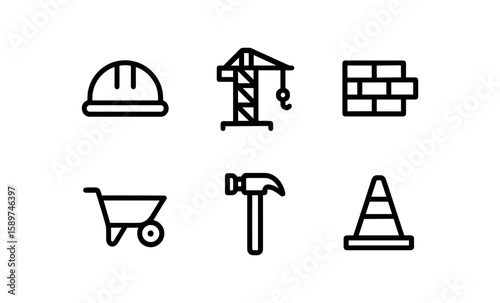 Construction icons set: helmet, crane, brick, wheelbarrow, hammer, cone in linear style