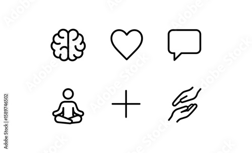 Minimalist symbols of wellness and connection: brain, heart, speech bubble, meditation, cross, hands
