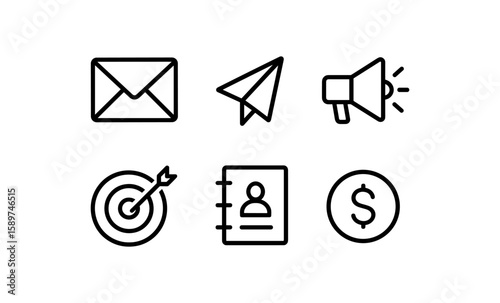 Minimalist business icon set featuring communication and finance symbols