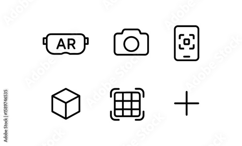 Minimalist technology icon set featuring ar, camera, and augmented reality elements