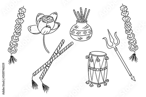 Navaratri doodle collection featuring traditional items like dandiya sticks, lotus flower, drum, and trishul. Represents the festive elements of Indian culture and spirituality in a hand drawn style