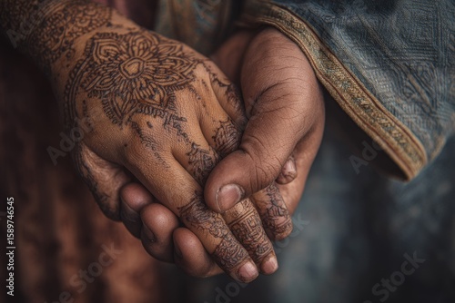 Close-up of clasped hands, henna tattoos