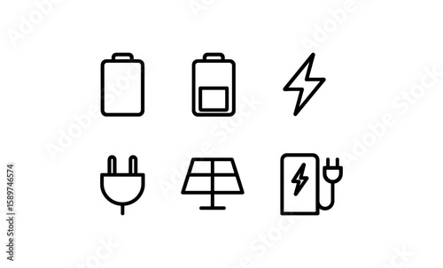 Minimalist energy icons: battery, electricity, solar, and charging symbols in line art