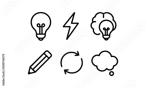 Minimalistic outline icons: creativity, ideas, and innovation symbols