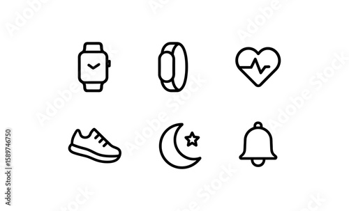 Minimalist set of fitness and health icons in black outline style