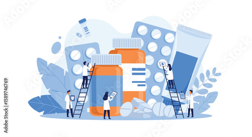 Small scientists examine pharmaceutical bottles blister packs and tablets to understand medical treatments and healthcare products