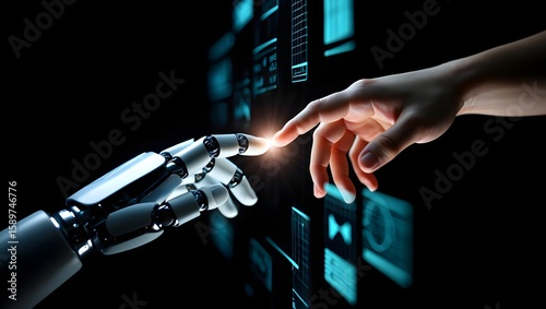 Artificial intelligence ai robot hand touching human finger technology connection concept