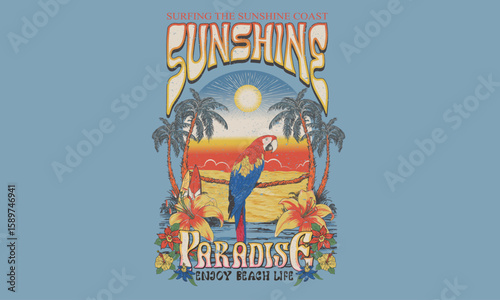 Palm tree artwork. Tropical paradise. Macaw paradise artwork. Tropical vibes t shirt artwork.