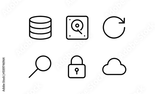 Minimalist tech icons: data storage, backup, security, and cloud symbols