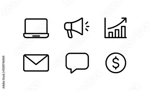 Minimalist business icon set featuring laptop, megaphone, graph, envelope, chat, and dollar symbols