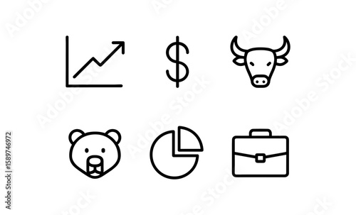 Financial market icons: growth, dollar, bear, bull, chart, briefcase