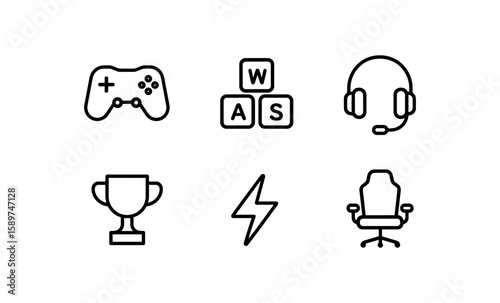 Gaming icons set: controller, keyboard, headset, trophy, lightning bolt, chair