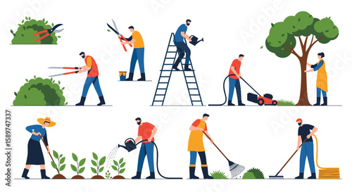 Diverse gardeners engaged in various outdoor landscaping and horticultural activities under sunny skies