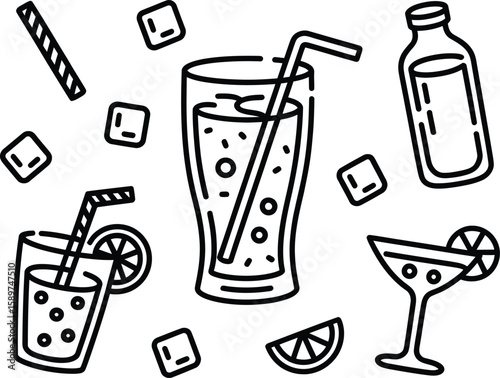 Collection of stylized drinks and ice cubes in a simple line art style