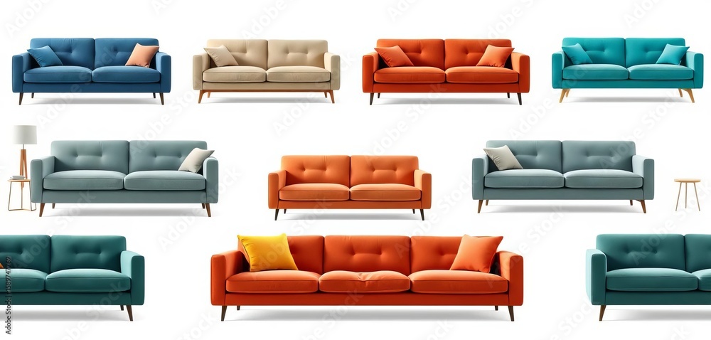 Collection of comfy modern sofas in various styles and colors, isolated on white background, set, beige Collection of comfy modern sofas in various styles and colors, isolated on white background, set, beige