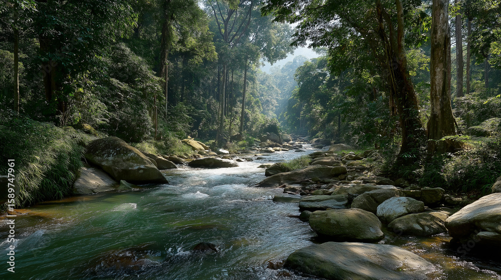 Obraz premium A vibrant river winds through a dense, sun-dappled rainforest, its clear waters flowing over smooth stones amidst towering trees, creating a tranquil and untouched natural paradise