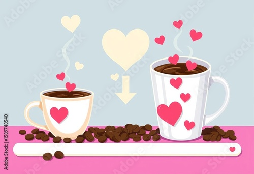Coffee cups with hearts, caffeine download progress bar, flat style illustration,  lovely,  pick-me-up