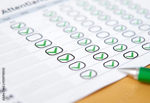 Close-up of office attendance sheet with green checkmarks indicating present employees,  color,  paperwork