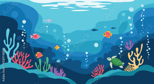 Vibrant underwater seascape teeming with colorful marine life and lush coral formations creating a captivating and lively ocean environment perfect for nature exploration
