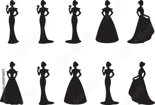 Gala dresses silhouettes, stylish girl, stylish woman, silhouette icon set, black