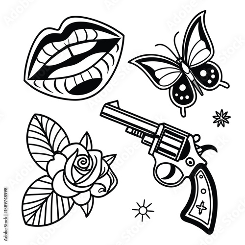 A vibrant butterfly on a branch, a vector illustration with an abstract background, contrasts sharply with an isolated black vector firearm, symbolizing the beauty and danger of the world