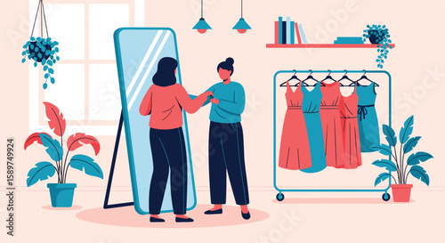 Fashion stylist helping a client choose an outfit in a dressing room with a large mirror and clothing rack