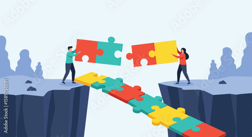 Two people carefully building a bridge by connecting colorful puzzle pieces across a deep chasm