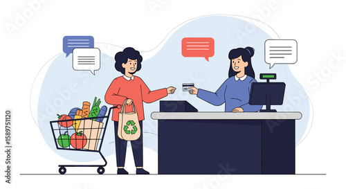 Customer making a credit card payment at the checkout counter with a shopping cart