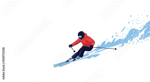 Exciting outdoor winter sport activity of a skier descending a snowy mountain slope with speed and powder spray creating a dynamic action scene