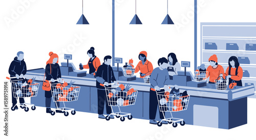 People in a supermarket with shopping carts waiting in line at the checkout counters