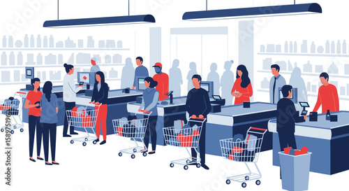 Customers and staff at checkout counters in a modern grocery store