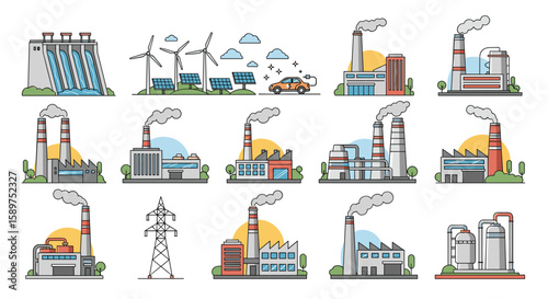 Collection of diverse industrial facilities showcasing modern energy production methods and manufacturing processes