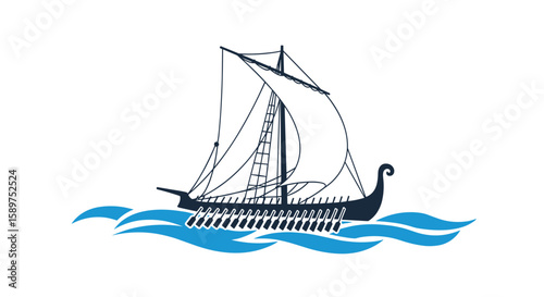 Ancient viking longship sailing on the open sea under full sail with many oars extended for rowing exploration