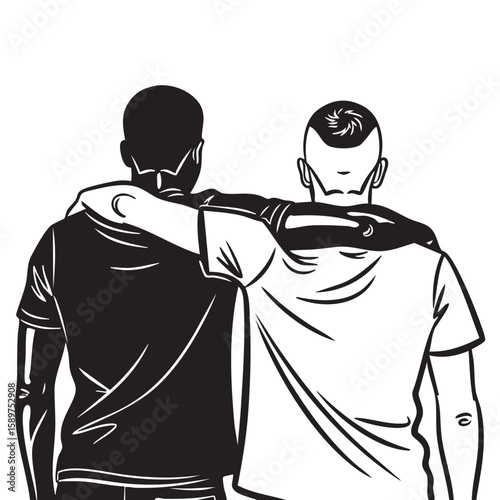 Unity Bond Friendship Support Silhouette Outline Art Two Friends Togetherness Black White Shapes