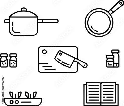 Collection of kitchen icons including pots pans spices cutting board and cookbook