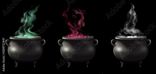 Realistic witch cauldrons with magic steam