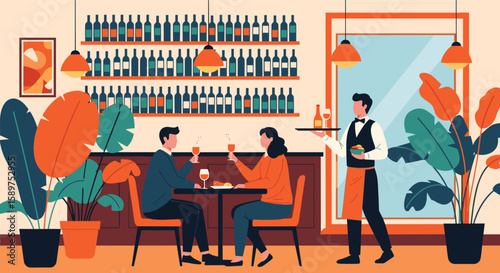 A couple enjoys a romantic dinner at a stylish restaurant served by a attentive waiter