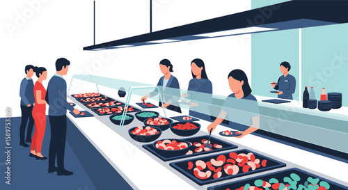 People standing in a line at a buffet restaurant choosing food from a selection of dishes prepared for self service