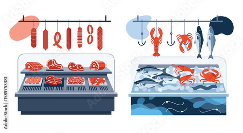 Fresh meat and seafood displayed in a modern butcher shop and fish market showcase for consumers